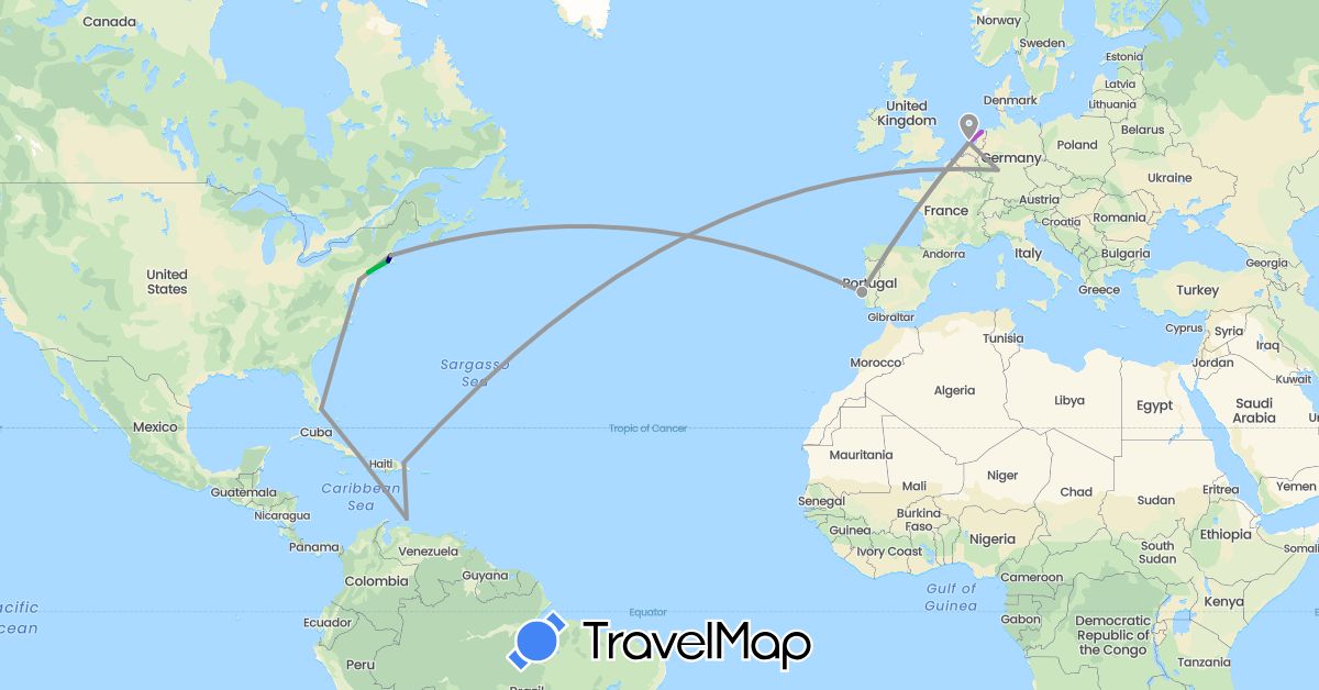 TravelMap itinerary: driving, bus, plane, train in Germany, Dominican Republic, Netherlands, Portugal, United States (Europe, North America)